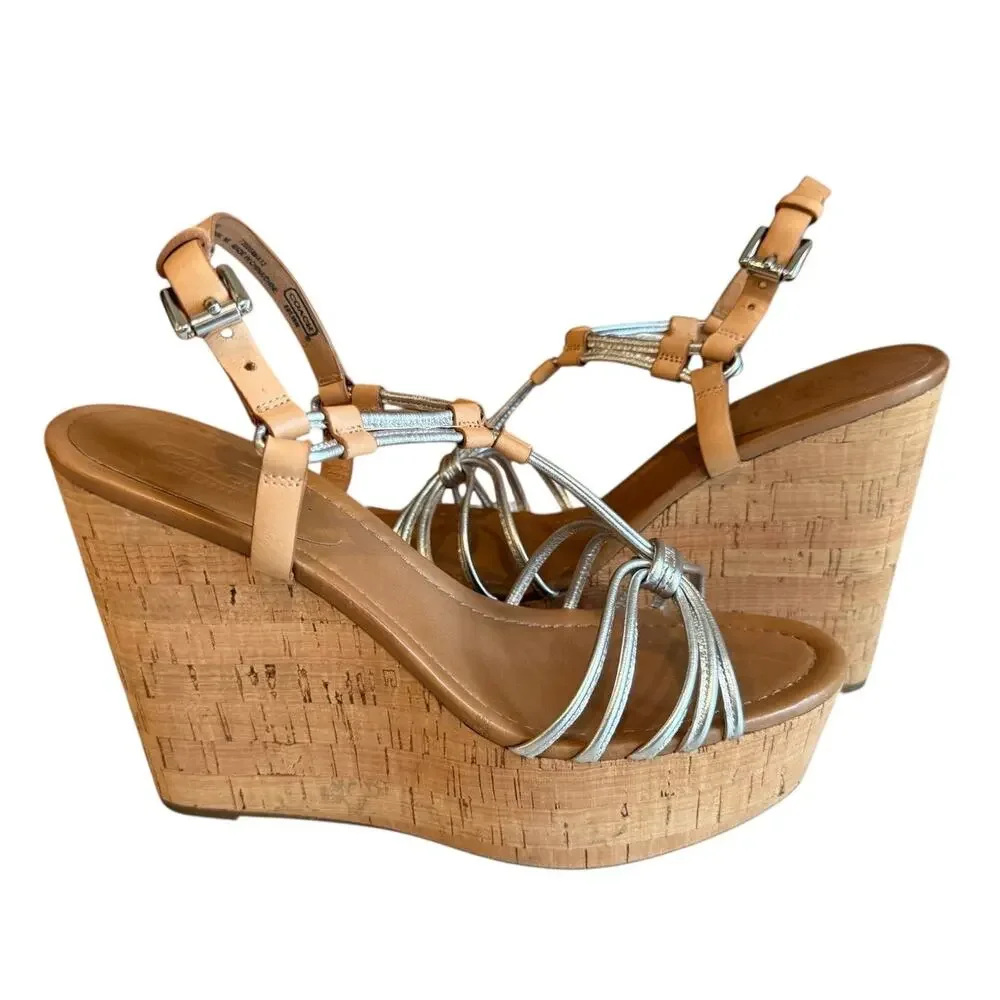 Coach Georgiana Metallic Silver Platform Cork Sandals 9